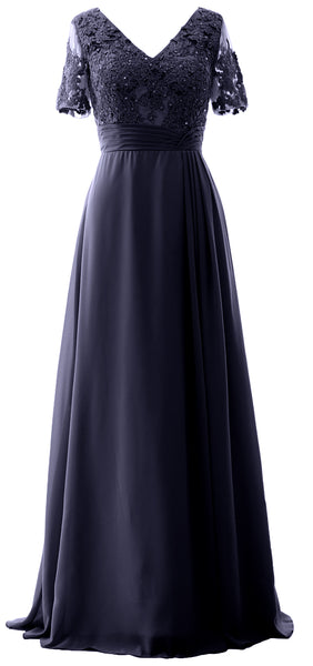 MACloth Women V Neck Long Mother of Bride Dresss Lace Evening Gown Short Sleeves