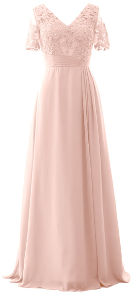 MACloth Women V Neck Long Mother of Bride Dresss Lace Evening Gown Short Sleeves