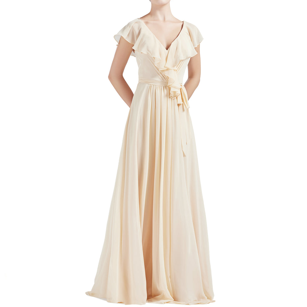 MACloth Women V Neck Ruffle Cap Sleeves Long Bridesmaid Dresses