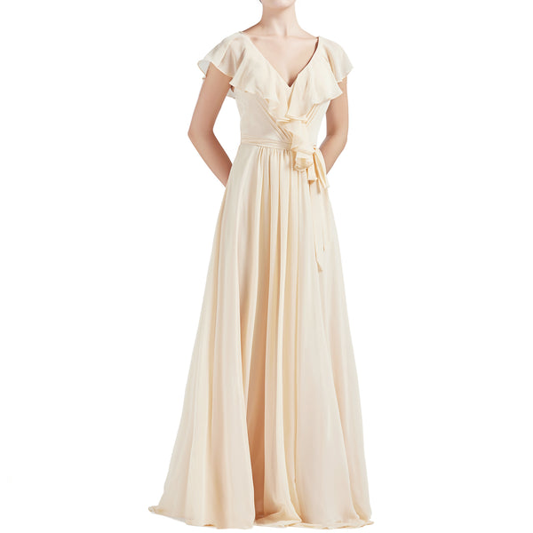 MACloth Women V Neck Ruffle Cap Sleeves Long Bridesmaid Dresses