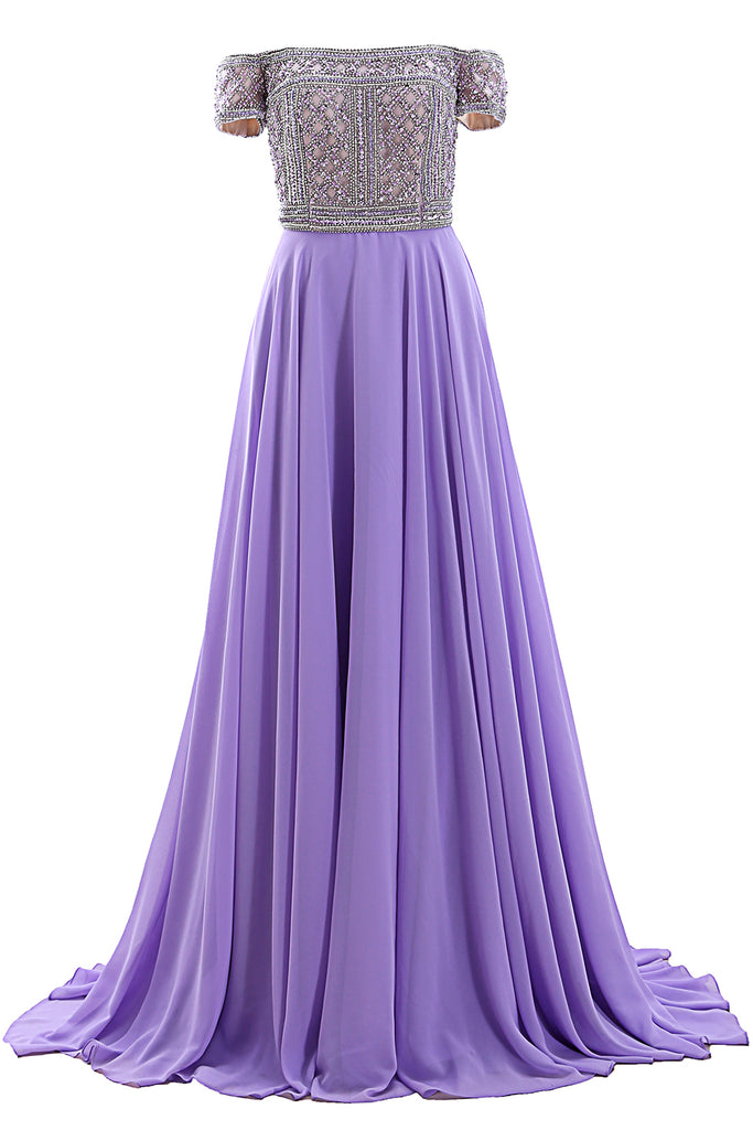 MACloth Women Off the Shoulder Beaded Long Prom Dress Short Sleeve Evening Gown
