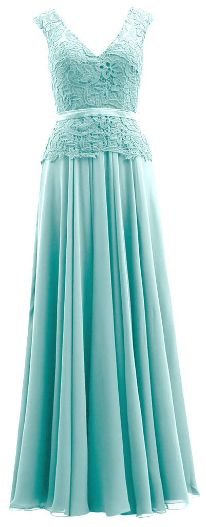 MACloth Mother of the Bride Dresses Cap Sleeves V Neck Lace Formal Evening Gown