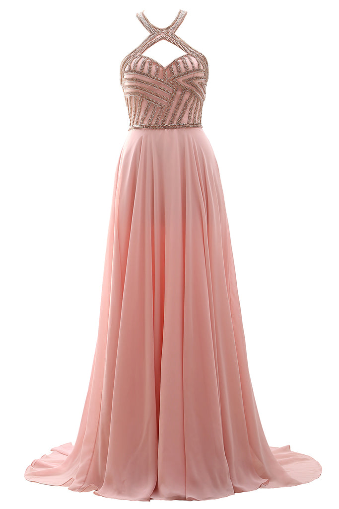MACloth Women Halter Beaded Long Prom Ball Gown Open Back Formal Evening Dress