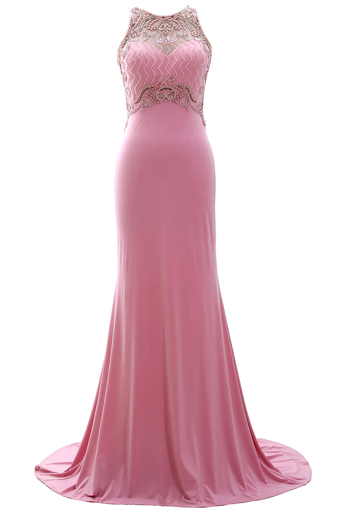 MACloth Women 2019 O Neck Beaded Formal Evening Gown Jersey Long Prom Dress Gala