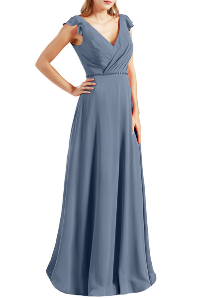 MACloth Women Cap Sleeves V Neck Chiffon Long Bridesmaid Dresses Evening Gown