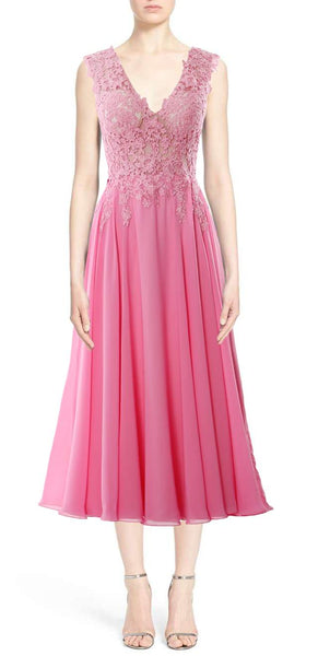 MACloth Women V Neck Lace Mother Bride Dresses Midi Tea Length Wedding Dinner