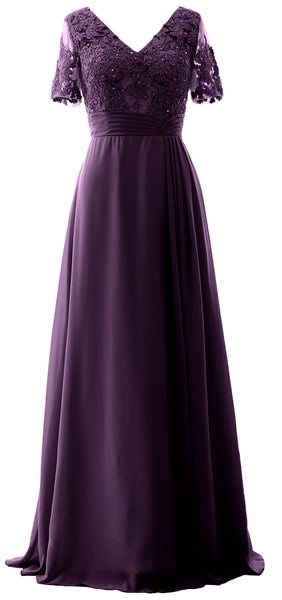 MACloth Women V Neck Long Mother of Bride Dresss Lace Evening Gown Short Sleeves
