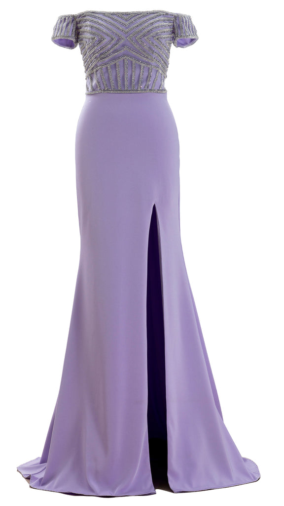 MACloth Women Off the Shoulder Beaded Formal Evening Gown Beaded Long Prom Dress