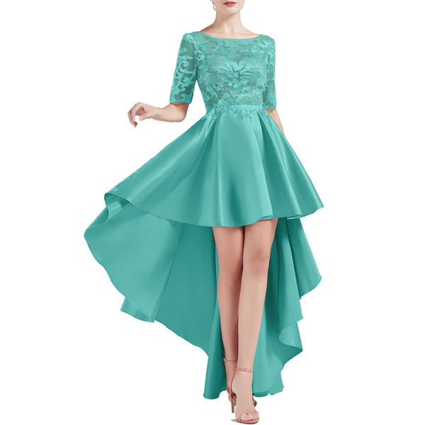 MACloth Women Scoop Neckline Half Sleeve High Low Lace Satin Prom Party Homecoming Dresses