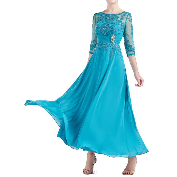 MACloth Women Tea Length 3/4 Sleeve Boat Neck Mother Bride Dresses Bridal Party