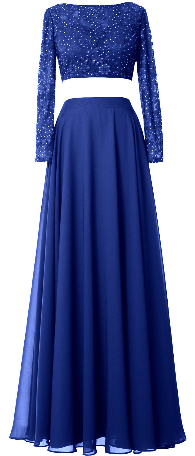 MACloth Damen Abendkleid aus Spitze und Chiffon, 2-teilig, lange Ärmel, Ballkleid
