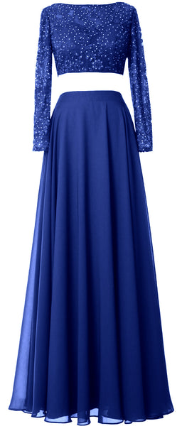 MACloth Women Lace Chiffon Formal Evening Gown 2 Piece Long Sleeves Prom Dresses