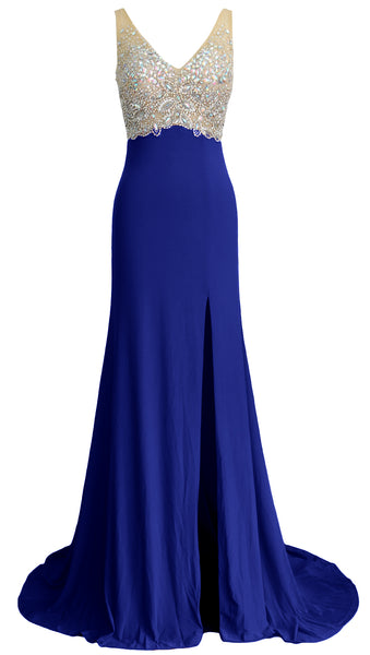 MACloth Elegant Mermaid V Neck Long Prom Dress Jersey Formal Party Evening Gown