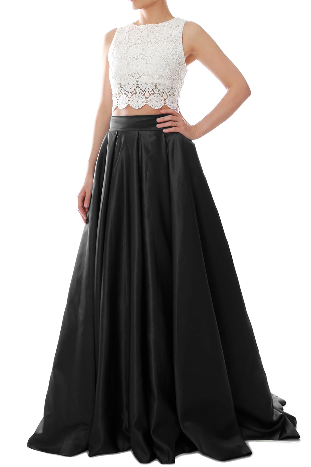 MACloth Women Two Piece O Neck Lace Long Prom Homecoming Dress Evening Ball Gown