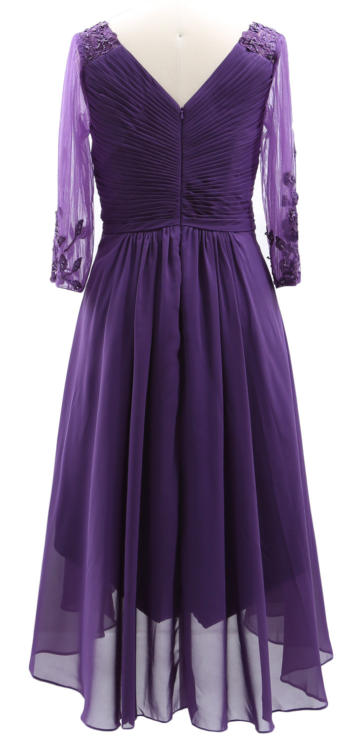 MACloth Damen Abendkleid mit V-Ausschnitt, High Low, für die Brautmutter, mit Ärmeln