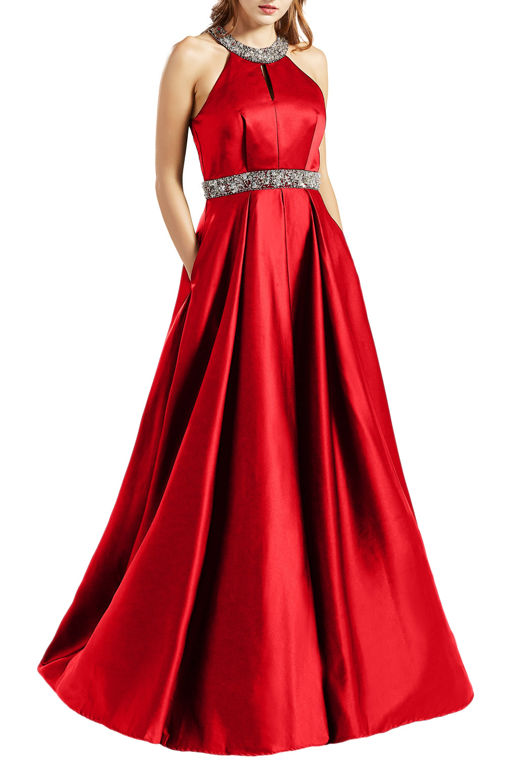 MACloth Women Satin Prom Dresses with Pockets Halter Long Formal Evening Gown