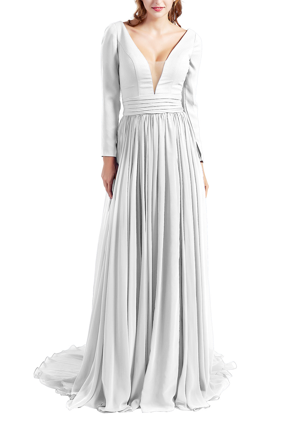 MACloth Women Plunging V Neck Long Sleeve Formal Evening Dress Prom Party Gown