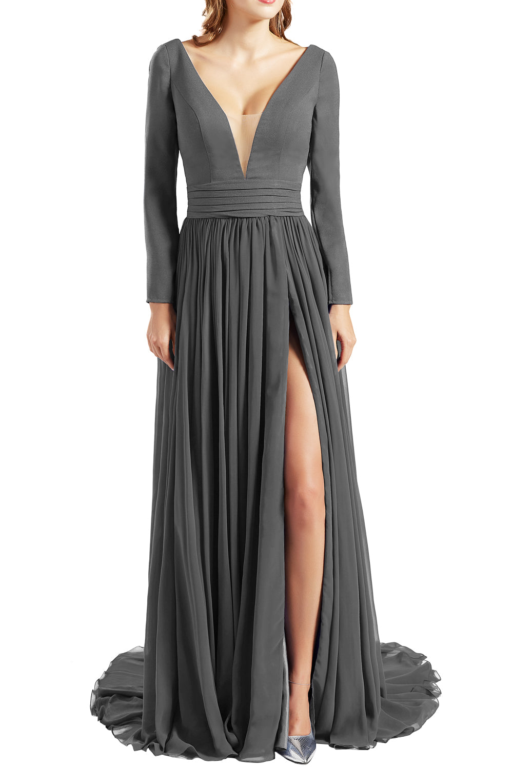 MACloth Women Plunging V Neck Long Sleeves Prom Dresses formal Evening Gown Slit