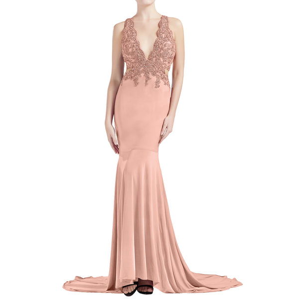 MACloth Women Mermaid V Plunging Neck Lace Long Prom Dresses Formal Evening Gown