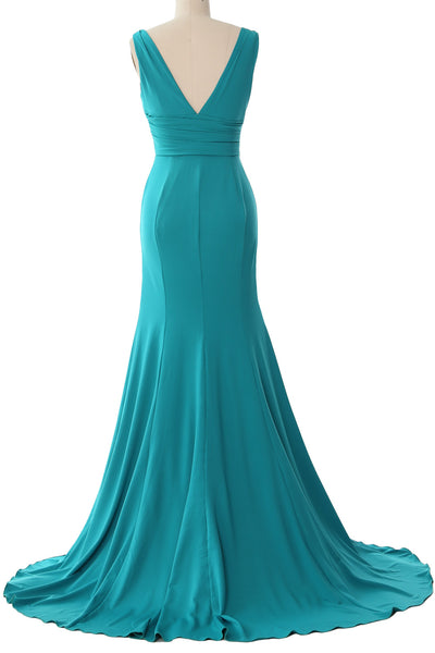 MACloth Long Mermaid Jersey Prom Dresses V-Neck Sleeveless Evening Party Gown
