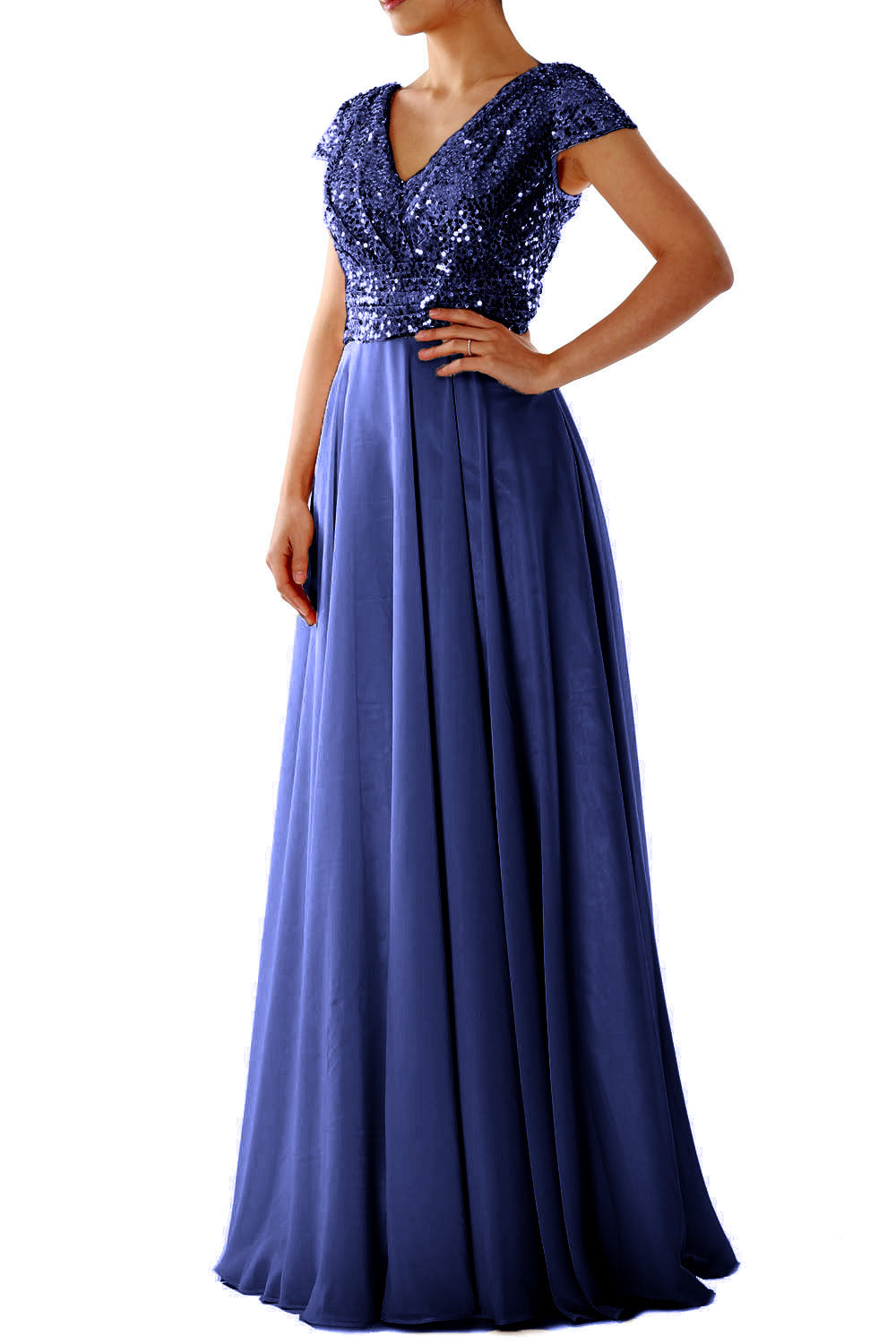 Cap Sleeves V Neck Sequin Chiffon Rose Gold Bridesmaid Dress