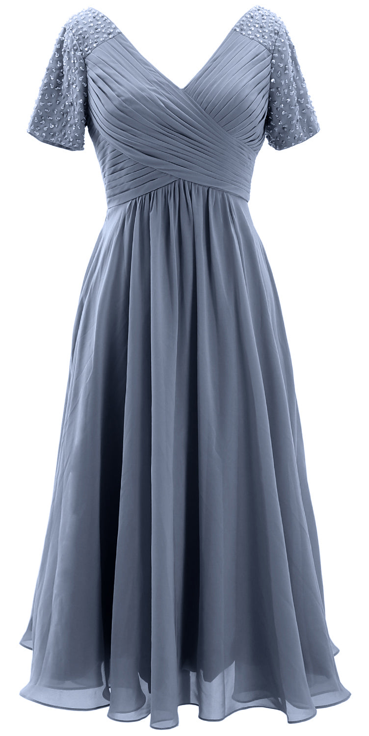 MACloth Damen Midi-Kleid für die Brautmutter, kurze Ärmel, für Hochzeitsgäste, wadenlang