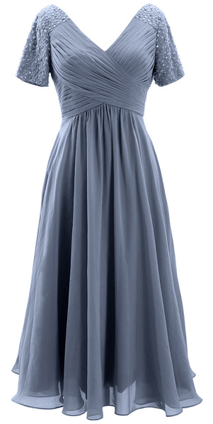 MACloth Women Midi Mother Bride Dresses Short Sleeves Wedding Guest Tea Length