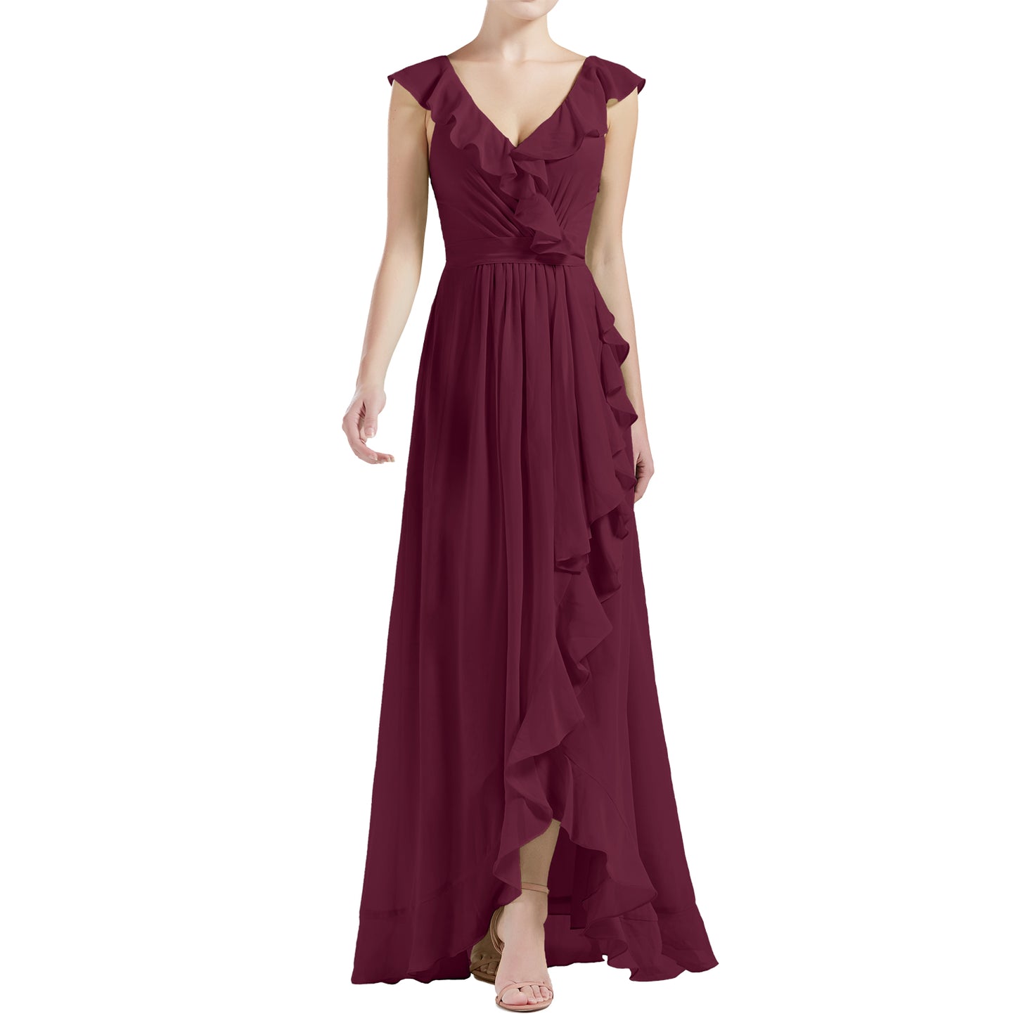 MACloth Women V Neck Ruffle Cap Sleeve Hi-Lo Long Wedding Bridesmaid Dresses