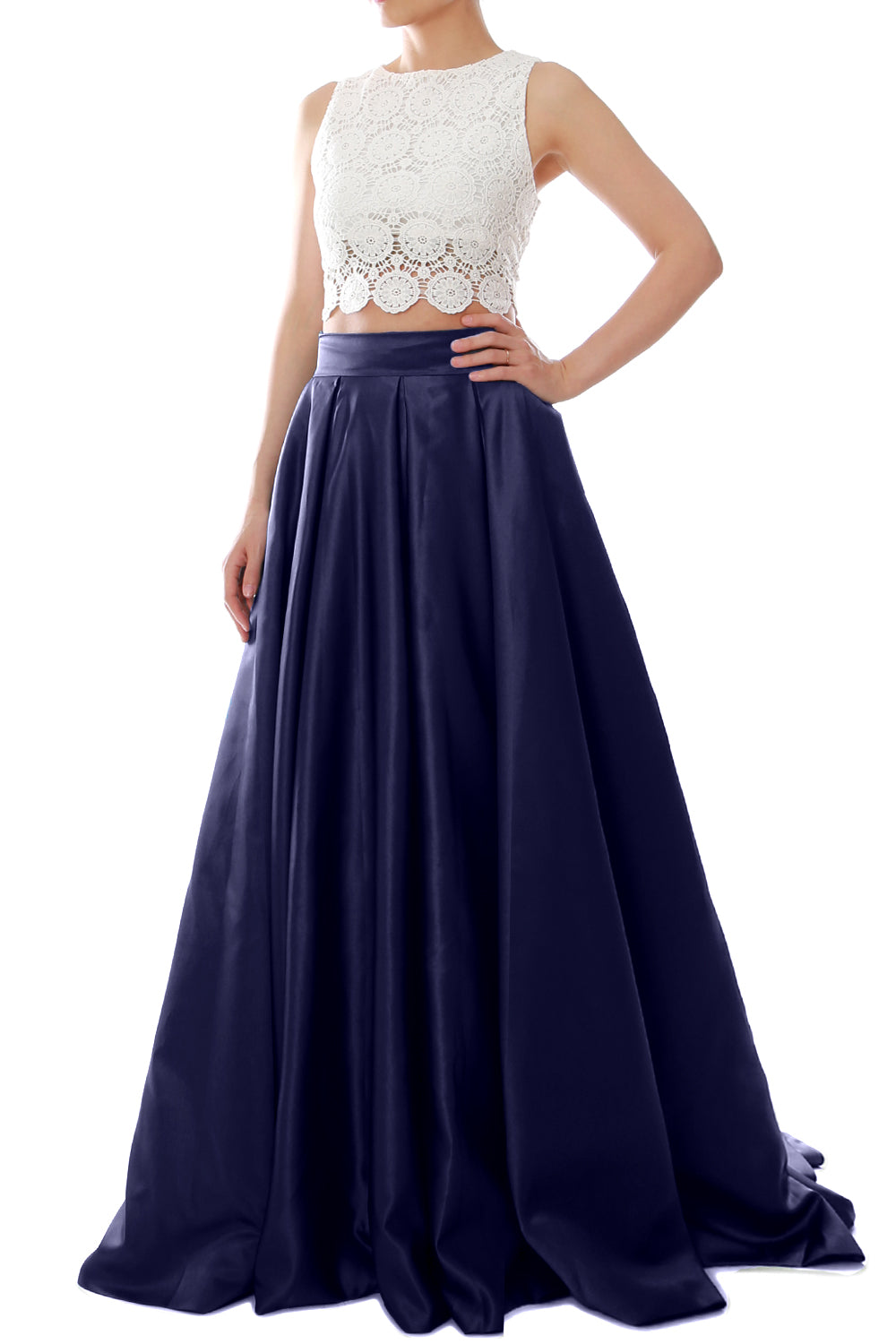 MACloth Women Two Piece O Neck Lace Long Prom Homecoming Dress Evening Ball Gown