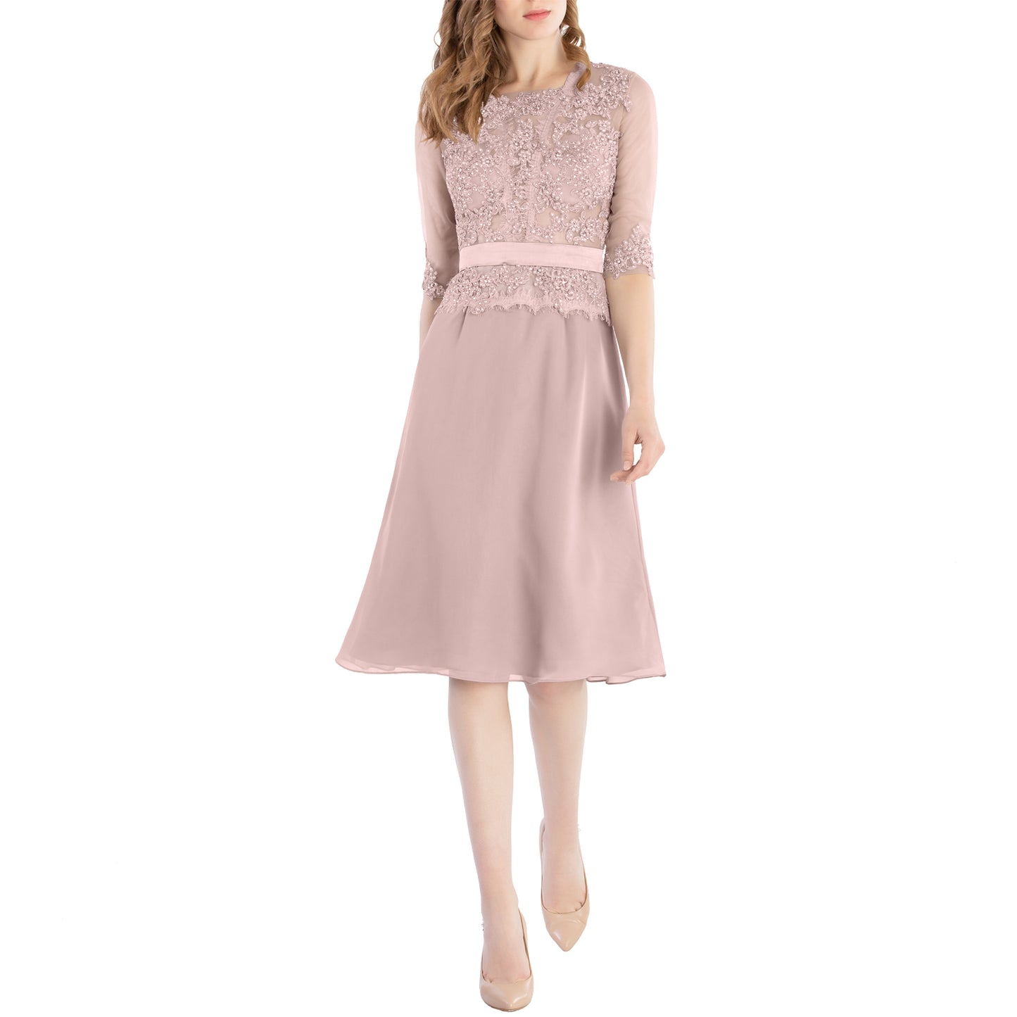 MACloth Damen-Kleid mit Rundhalsausschnitt, Perlenspitze, kurze Halbärmel, für die Brautmutter, Hochzeit, Brautparty