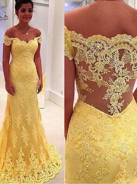 MACloth Off the Shoulder Mermaid Lace Yellow Prom Dress Evening Formal Gown Wedding Party Gown