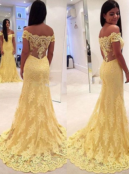 MACloth Off the Shoulder Mermaid Lace Yellow Prom Dress Evening Formal Gown Wedding Party Gown