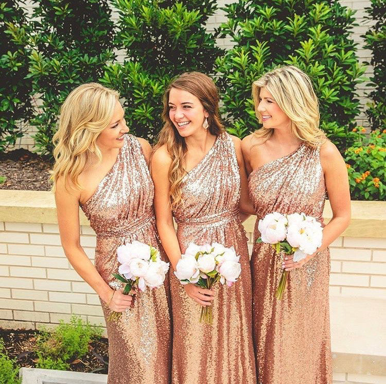Macloth One Shoulder Sequin Long Bridesmaid Dress Rose Gold Formal Gown Custom Color / Above Knee / US10 Macloth One Shoulder Sequin Long Bridesmaid Dress Rose Gold Formal Gown Custom Color / Above Knee / US10