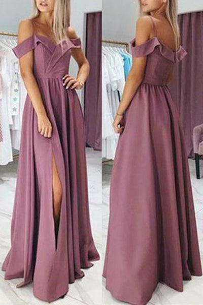 MACloth Off the Shoulder Pink Long Prom Dress Satin Formal Evening Gown