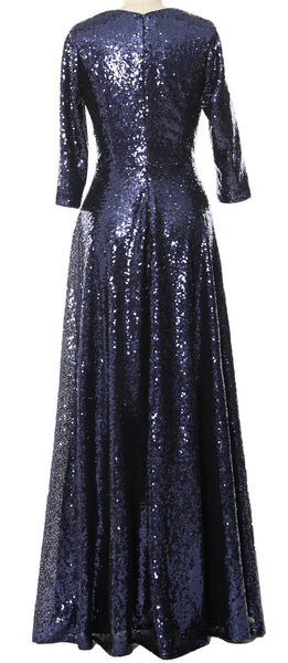 MACloth Women Mother of Bride Long Dresses 3/4 Sleeves Sequin Evening Gown Wedding Party Evening Performance Coustum