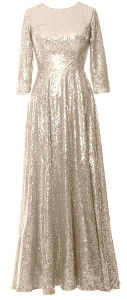 MACloth Women Mother of Bride Long Dresses 3/4 Sleeves Sequin Evening Gown Wedding Party Evening Performance Coustum