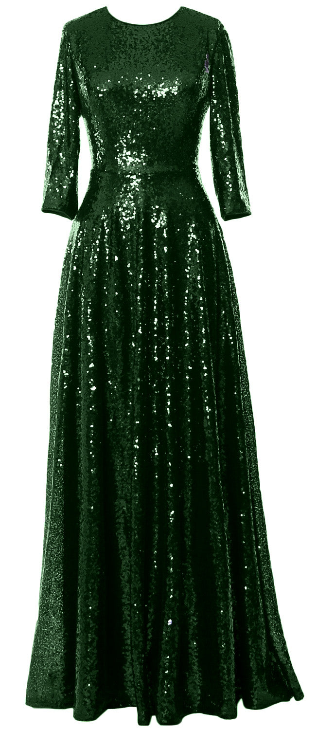 MACloth Damen Lange Kleider für die Brautmutter, 3/4-Ärmel, Pailletten, Abendkleid, Hochzeit, Party, Abend, Performance, Coustum