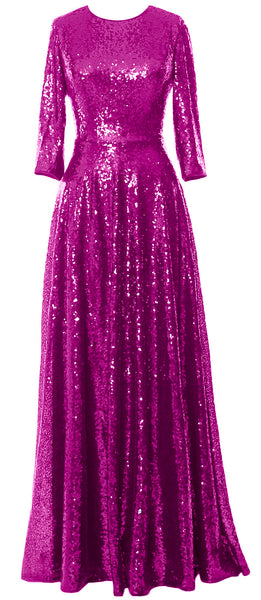 MACloth Women Mother of Bride Long Dresses 3/4 Sleeves Sequin Evening Gown Wedding Party Evening Performance Coustum