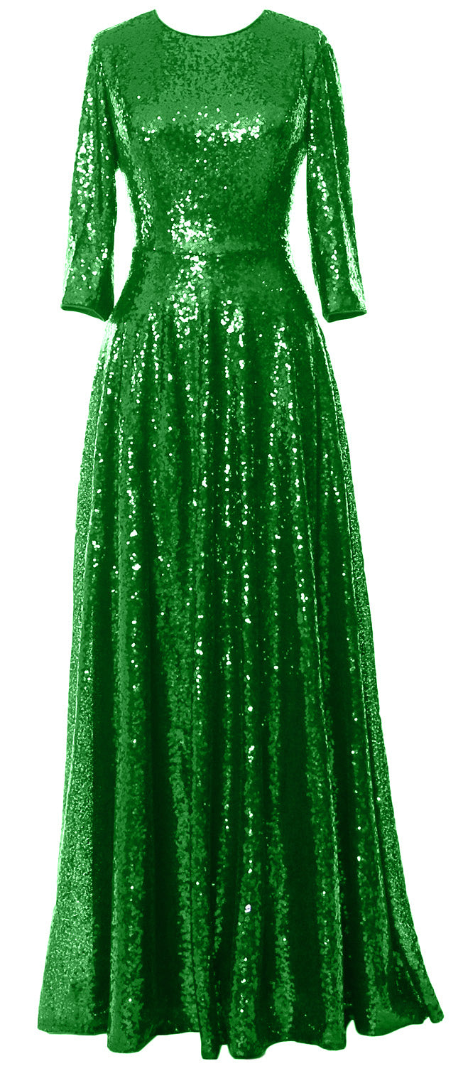 MACloth Damen Lange Kleider für die Brautmutter, 3/4-Ärmel, Pailletten, Abendkleid, Hochzeit, Party, Abend, Performance, Coustum