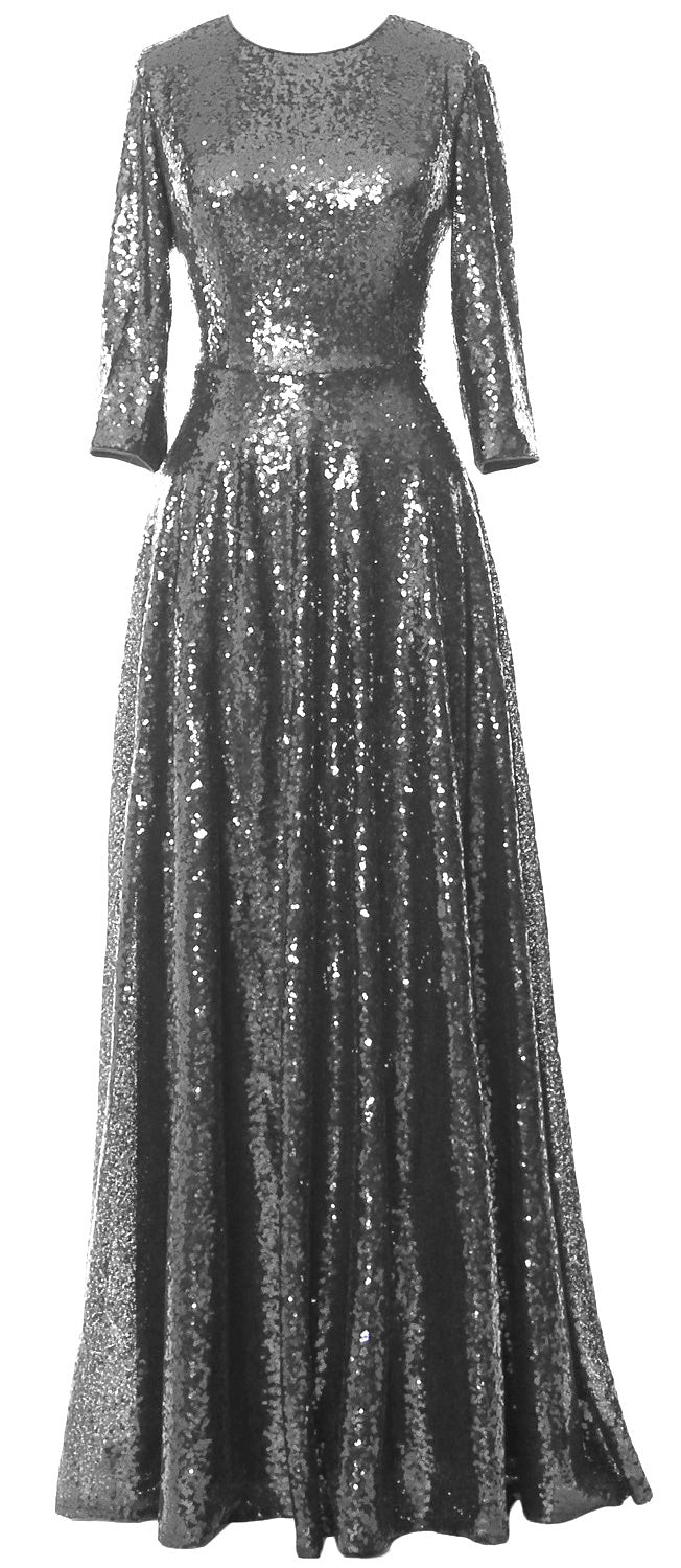 MACloth Damen Lange Kleider für die Brautmutter, 3/4-Ärmel, Pailletten, Abendkleid, Hochzeit, Party, Abend, Performance, Coustum