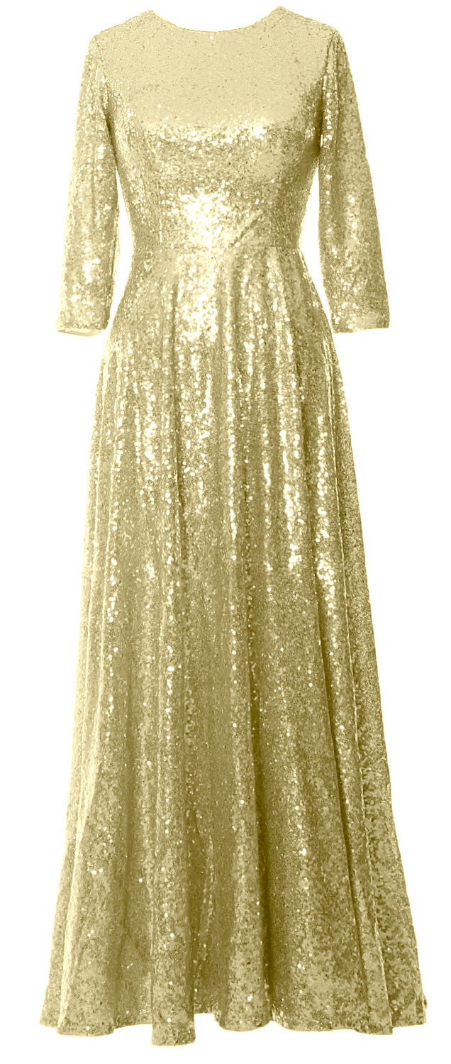 MACloth Damen Lange Kleider für die Brautmutter, 3/4-Ärmel, Pailletten, Abendkleid, Hochzeit, Party, Abend, Performance, Coustum