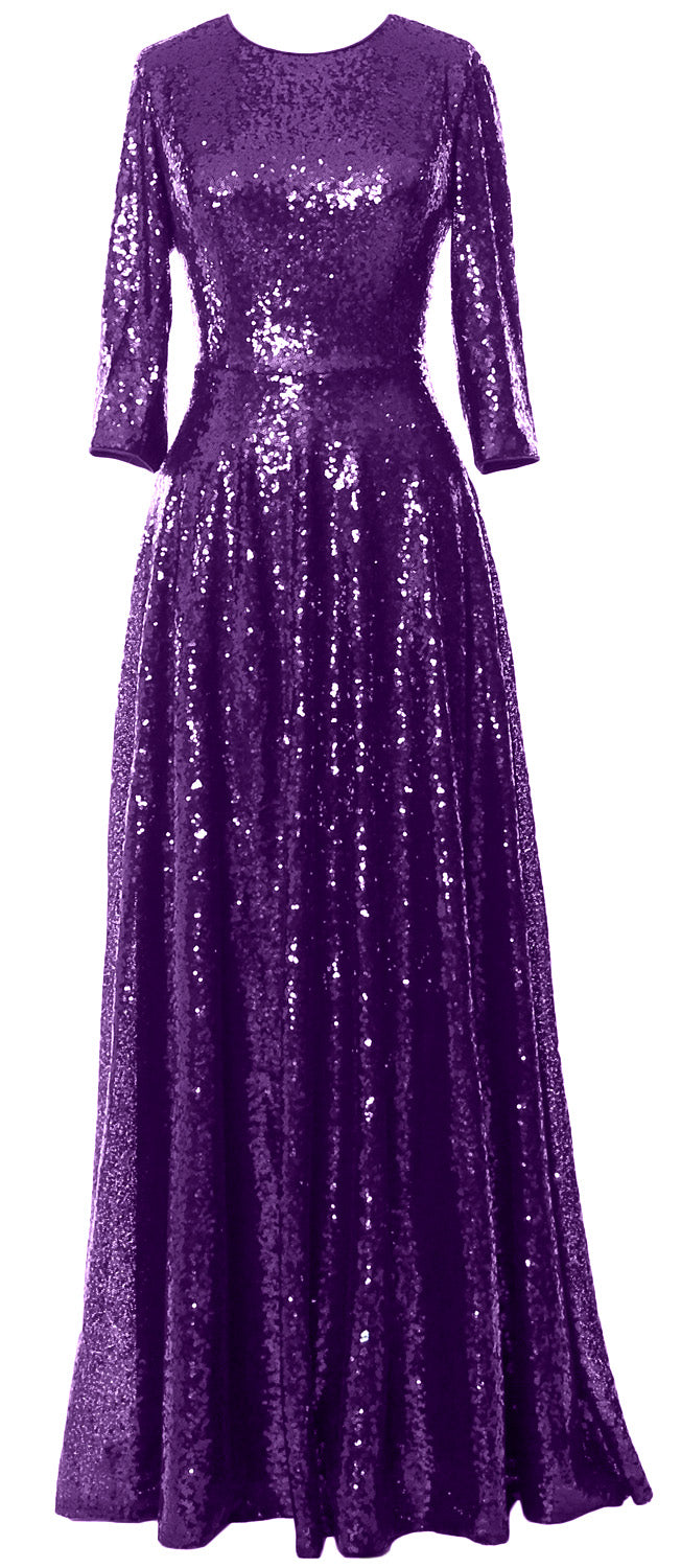 MACloth Damen Lange Kleider für die Brautmutter, 3/4-Ärmel, Pailletten, Abendkleid, Hochzeit, Party, Abend, Performance, Coustum