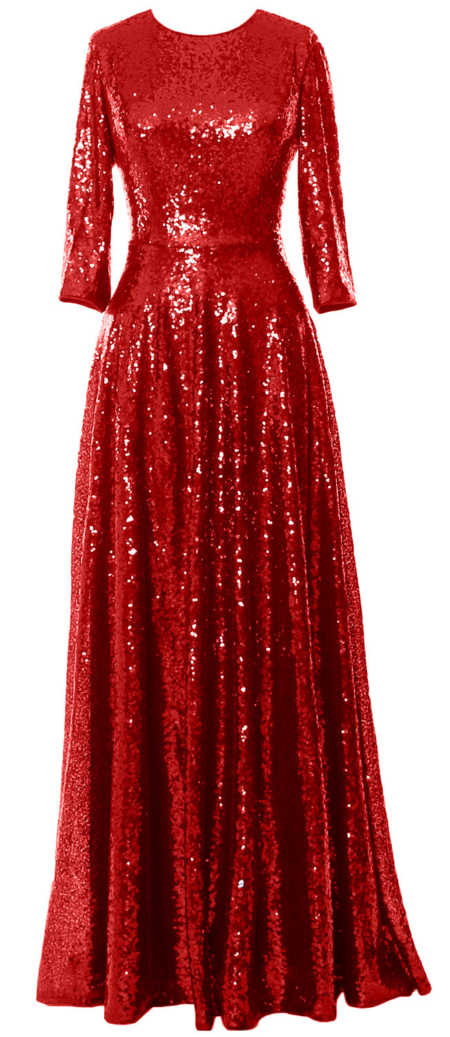 MACloth Damen Lange Kleider für die Brautmutter, 3/4-Ärmel, Pailletten, Abendkleid, Hochzeit, Party, Abend, Performance, Coustum