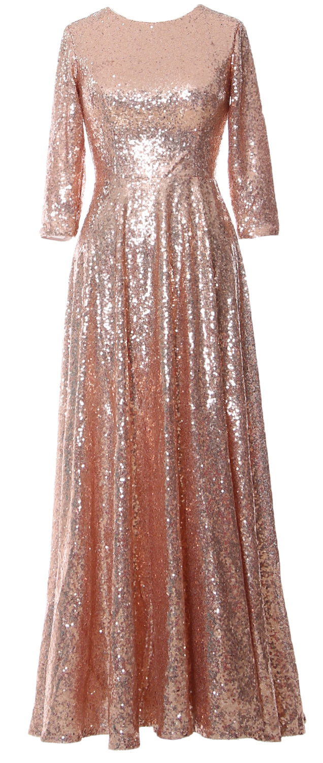 MACloth Damen Lange Kleider für die Brautmutter, 3/4-Ärmel, Pailletten, Abendkleid, Hochzeit, Party, Abend, Performance, Coustum