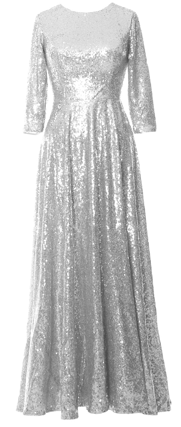 MACloth Damen Lange Kleider für die Brautmutter, 3/4-Ärmel, Pailletten, Abendkleid, Hochzeit, Party, Abend, Performance, Coustum
