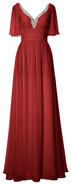 MACloth Women V Neck Half Sleeves Long Wedding Party Dresses Bridesmaid Mother of Bride Formal Evening Gown