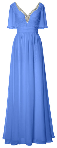 MACloth Women V Neck Half Sleeves Long Wedding Party Dresses Bridesmaid Mother of Bride Formal Evening Gown