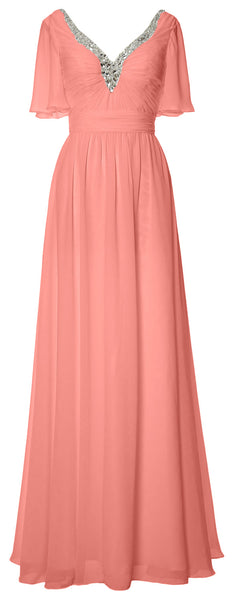 MACloth Women V Neck Half Sleeves Long Wedding Party Dresses Bridesmaid Mother of Bride Formal Evening Gown