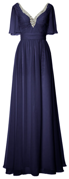 MACloth Women V Neck Half Sleeves Long Wedding Party Dresses Bridesmaid Mother of Bride Formal Evening Gown