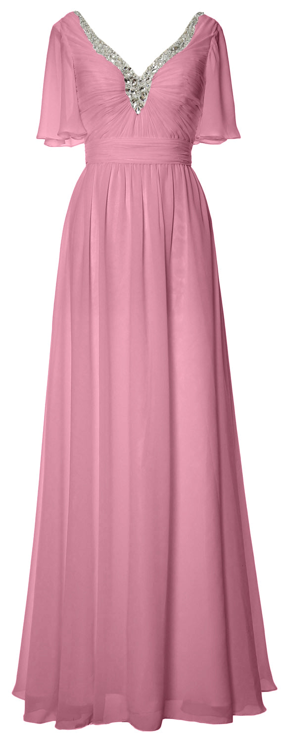 MACloth Women V Neck Half Sleeves Long Wedding Party Dresses Bridesmaid Mother of Bride Formal Evening Gown